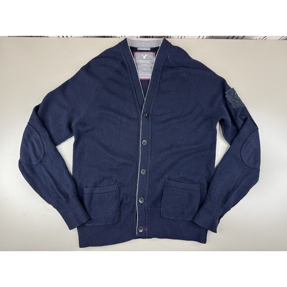 American Eagle Mens Wool Blend Cardigan Sweater L Navy Blue Elbow Patches Preppy - Picture 1 of 13